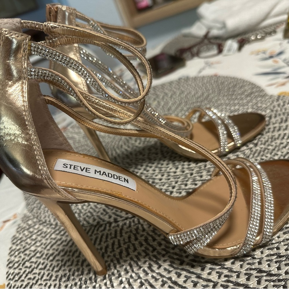 Steve Madden Gold Stiletto Heels with Rhinestone Straps